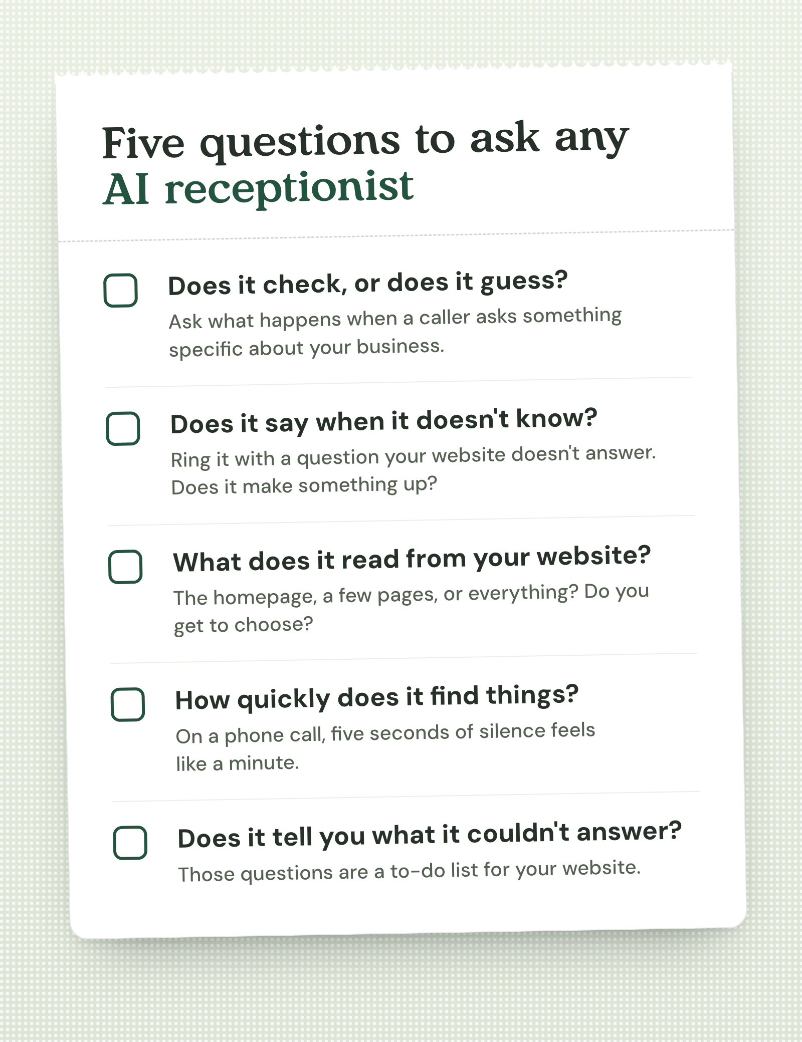 A paper checklist titled Five questions to ask any AI receptionist: Does it check, or does it guess? Does it say when it doesn't know? What does it read from your website? How quickly does it find things? Does it tell you what it couldn't answer?